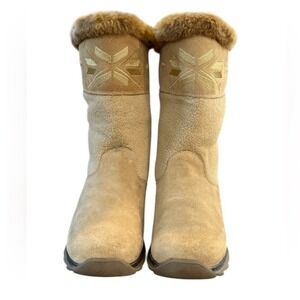 Sports Polartec Tan Suede Winter Boots Faux Fur Trim Embroidered Mid Calf Women
